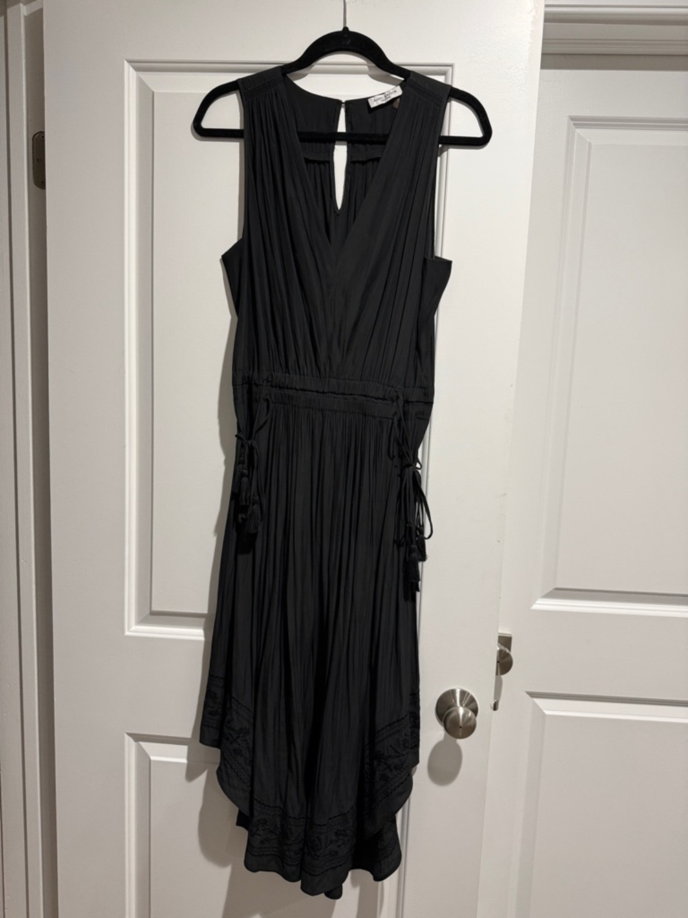 Ramy Brook Black Sleeveless V-Neck Midi Dress with embroidery details and tassel